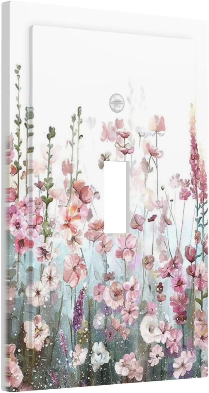 Colorful Flowers Pink Floral Watercolor Plant Decorative Light Switch Cover 1 Gang Single Toggle Device Electrical Faceplate Switchplates Decorator Outlet Wall Plate for Bed Room Living Room Decor