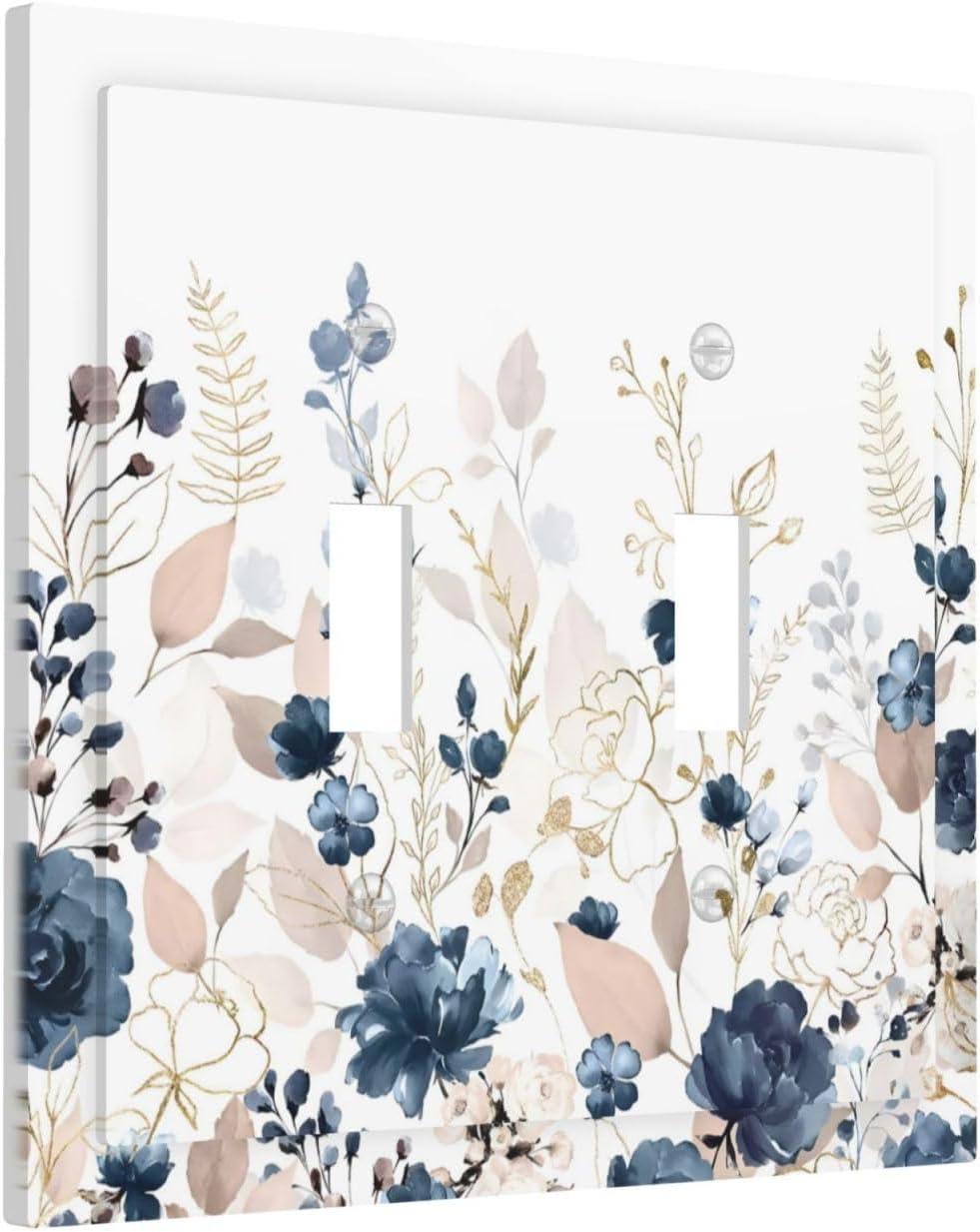 Blue Flora Boho Vintage Flower Golden Leaves Decorative Switch Plates 2 Gang Double Toggle Outlet Light Switch Cover Wall Plate Electrical Faceplate for Bedroom Living Room Decor