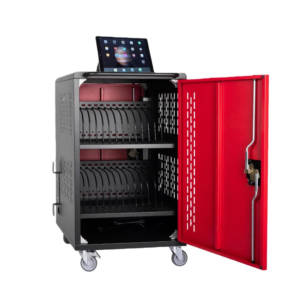 32 Unit Laptop Charging Cart Station, Mobile Charging Cabinet with Built-in Power Strip and Cable Organizers, Laptop Storage Box with Secure Locking & Wheels for Classrooms, Offices, Black