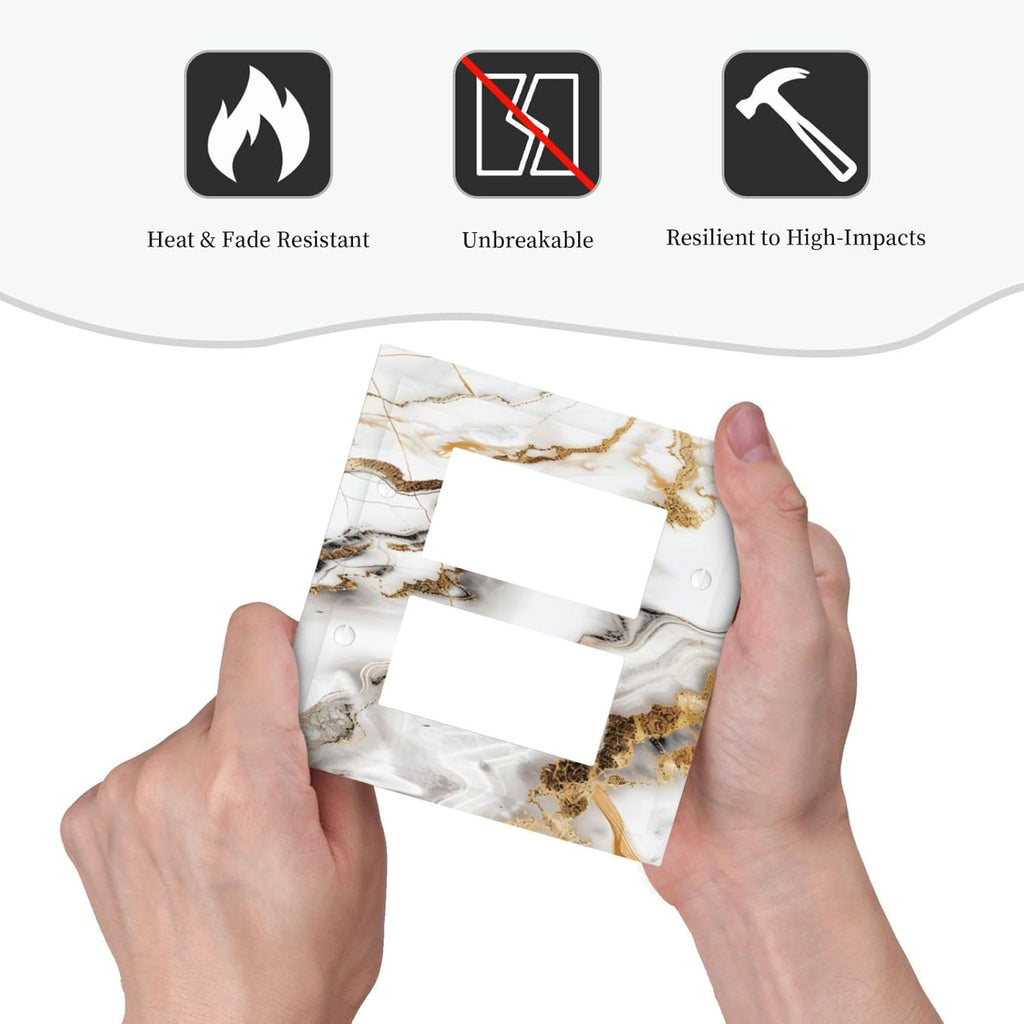 Luxurious Marble Abstract White Gold Tile Modern Simplicity Decorative Outlet Covers 2 Gang Double GFCI Rocker Electrical Wall Panels Light Switch Cover Plate for Bathroom Kitchen Decor