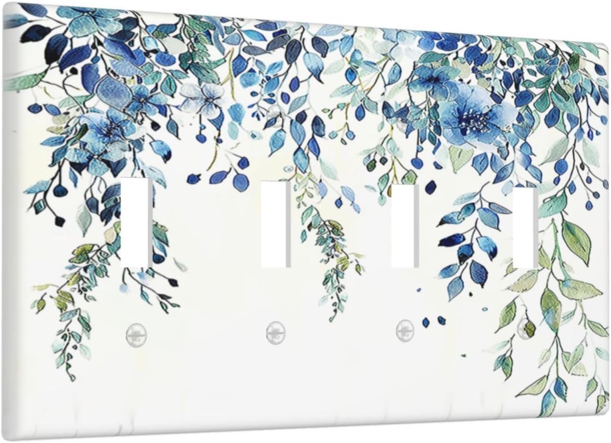 Light Switch Covers Boho Vintage Flowers Blue Green Sage Quad Toggle Electrical Faceplate 4 Gang Wall Plate Decorative Switch Plates for Bedroom Farmhouse Decor
