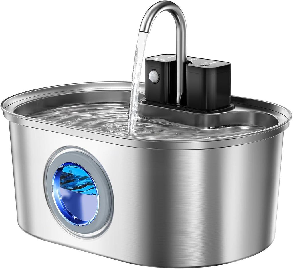 Stainless Steel Cat Water Fountain 108oz/3.2L:Battery Operated Wireless Cat Fountains for Drinking Indoor, Automatic Pet Water Dispenser with Ultra Quiet Pump,Multi-Filtration,Easy Clean BPA-Free