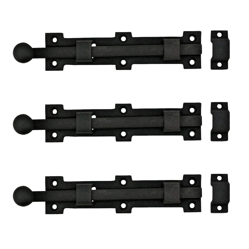 Renovators Supply Manufacturing Slide Bolt Latch 8 3/4 in. Black Wrought Iron Ball Tip Style Slide Bolt with Mounting Hardware Pack of 3