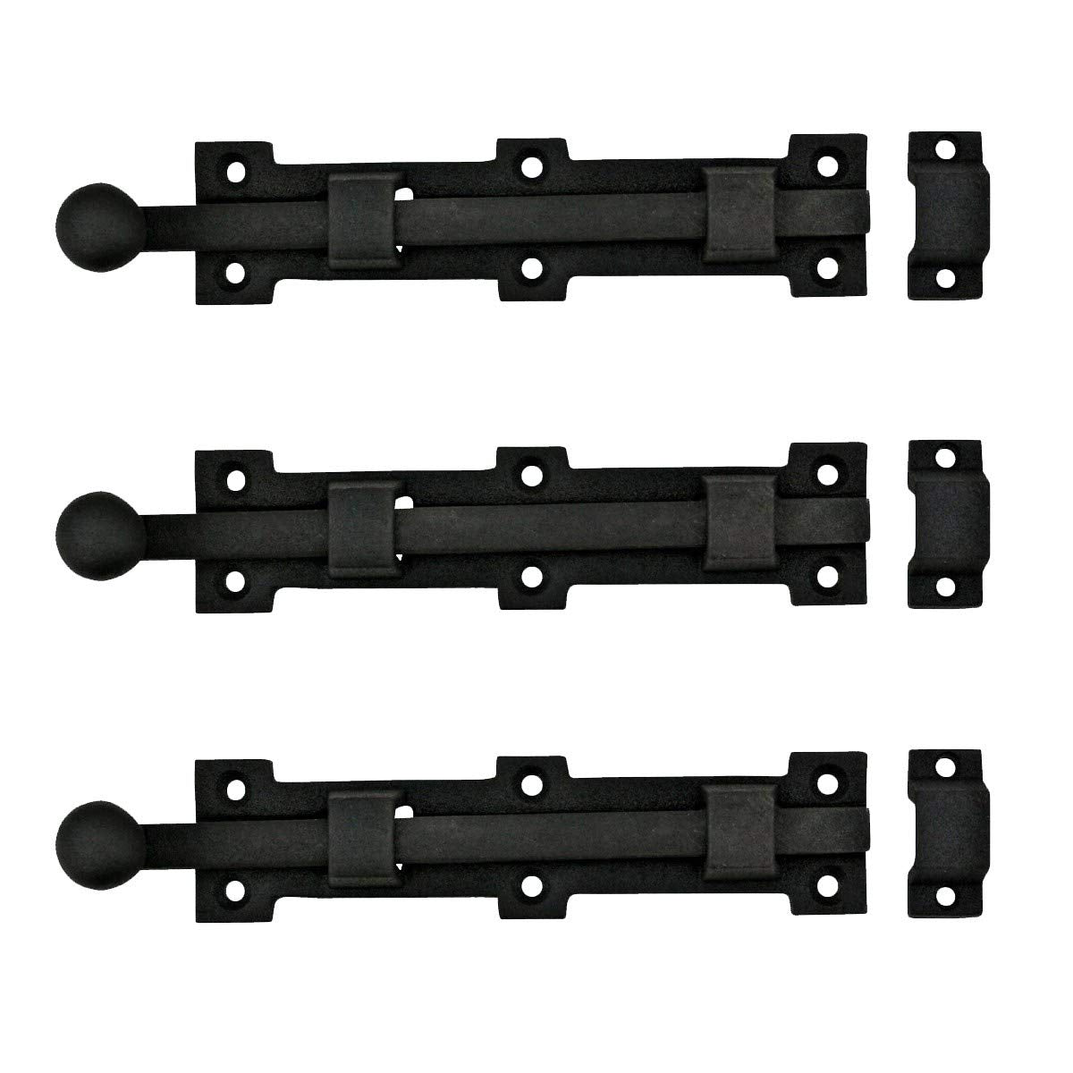 Renovators Supply Manufacturing Slide Bolt Latch 8 3/4 in. Black Wrought Iron Ball Tip Style Slide Bolt with Mounting Hardware Pack of 3