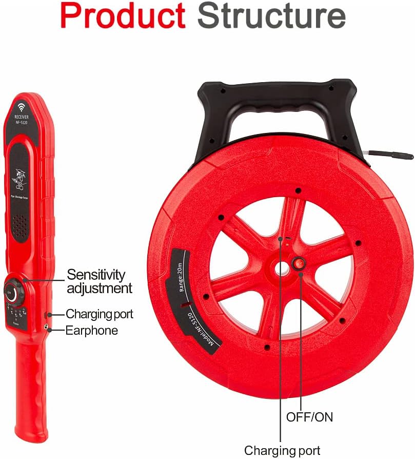 Pipe Blockage Detector, Water Pipe Locator Underground Diagnostic-Tool Wall Scanner Pipeline Blocking Clogging Scanner Plumbers Instrument For Metal PVC Water Pipes, 40M