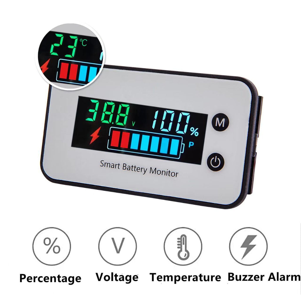 Upgrade IPX7 Waterproof Battery Tester, 7-100v Marine RV Golf Cart Battery Capacity Volt Monitor 12v 24v 36v 48v 60v 72v, Lead-Acid, Lithium Battery Monitor with Temp and Low Voltage Buzzer Alarm