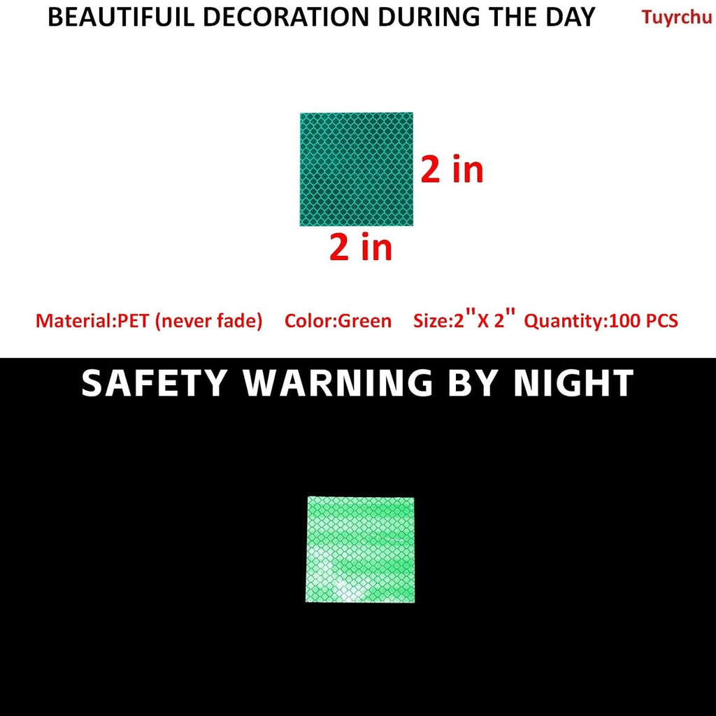 Non Fading Green Reflective Stickers 2 inch X 2 inch, Outdoor Waterproof High Visibility Warning Safety Adhesive Reflector Tape (100 Pcs)