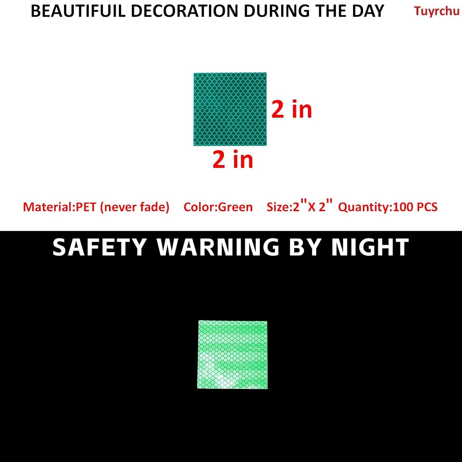 Non Fading Green Reflective Stickers 2 inch X 2 inch, Outdoor Waterproof High Visibility Warning Safety Adhesive Reflector Tape (100 Pcs)