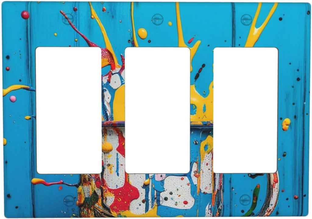 Decorative Outlet Covers Colorful Paint Splatters Blue Wood Plank 3 Gang Wall Plate Triple Rocker Light Switch Cover Plate Jumbo Electrical GFCI Faceplate for Bedroom Decor