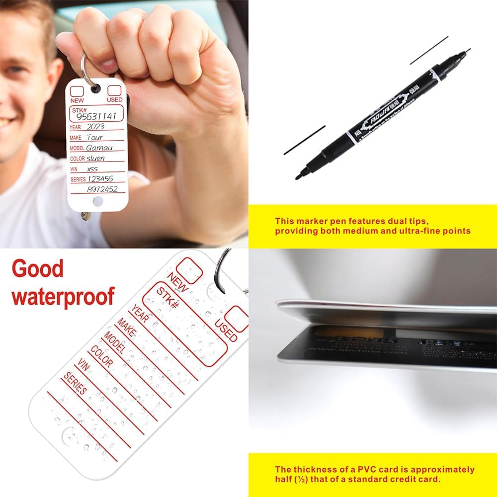 500 Pcs PVC Tags with Labels and Rings, Car Key for Organization, Identifiers, and Luggage Tags with 4 Pcs Markers, Plastic Keychain Tags for Car, Truck, and Dealer Use