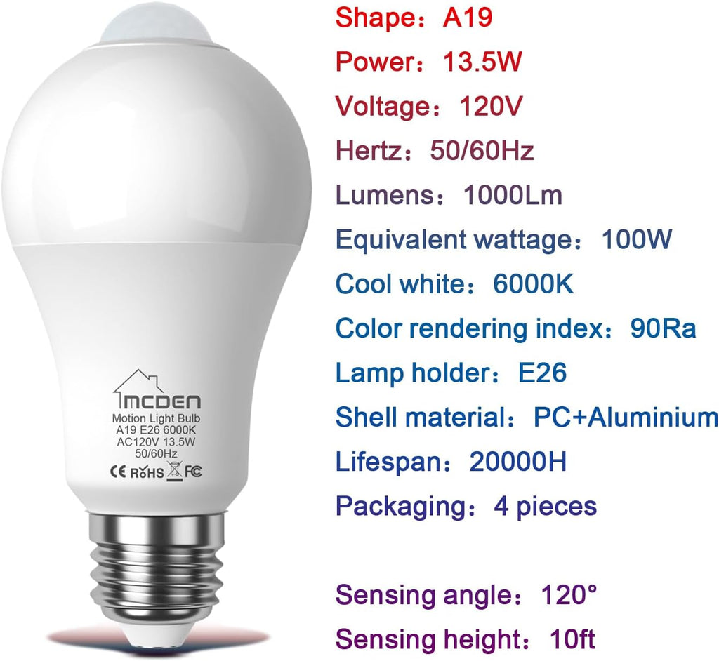 McDen Motion Sensor Light Bulb, Indoor Motion Activation Detector Light Bulb, E26 Base Dusk to Dawn Security Night Light 13.5W Equivalent 100W 6000K Daylight 4 Packs