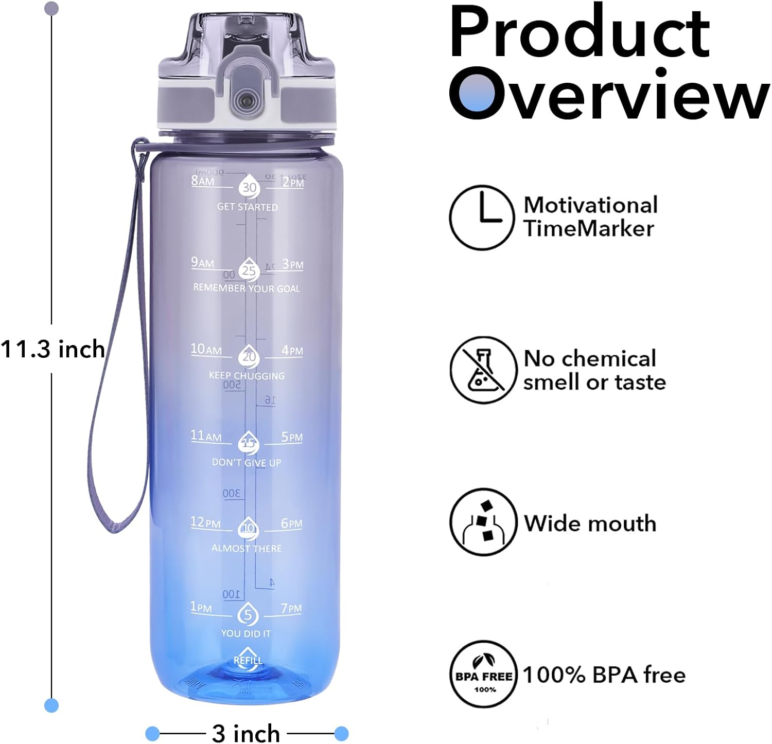 32oz Water Bottle with Time Marker, Motivational Drinking Bottle with Strap, BPA-Free Leak-Proof, Encouraging Water Bottle Time to Drink Water for Gym School Office Travel
