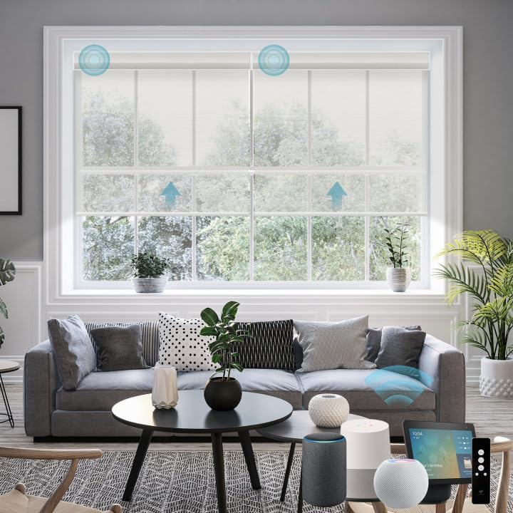 SmartWings Motorized Smart Roller Shades in Light Filtering, Electric Blinds with Remote for Windows Compatible with Alexa/Google Home/Homekit, Customized, PVC Free Pearl 5% Openness
