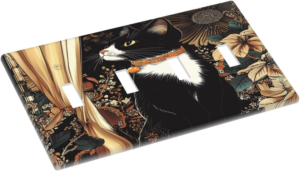 Light Switch Covers Boho Mandala Floral Black Cat Vintage Flower Quad Toggle Electrical Faceplate 4 Gang Wall Plate Decorative Switch Plates For Farmhouse Home Decor
