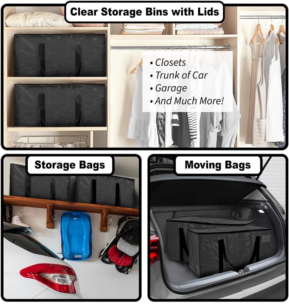 ClearSpace Heavy Duty Moving Bags or Storage Bags – Black Storage Bins with Lids, Large Moving Boxes with Backpack Straps & Zippers,– Packing Box & Moving Supplies for College Dorm, 8 Pack