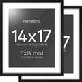Homeforia 14x17 Picture Frame Black Wood, High End Oak 14x17 Frames with Mat 11x14 Photo, 14 x 17 Wooden Poster Frame Matted to 11 by 14 Print, 17x14 Hanging Frames, Tempered Glass, Wall Kit, Set of 2