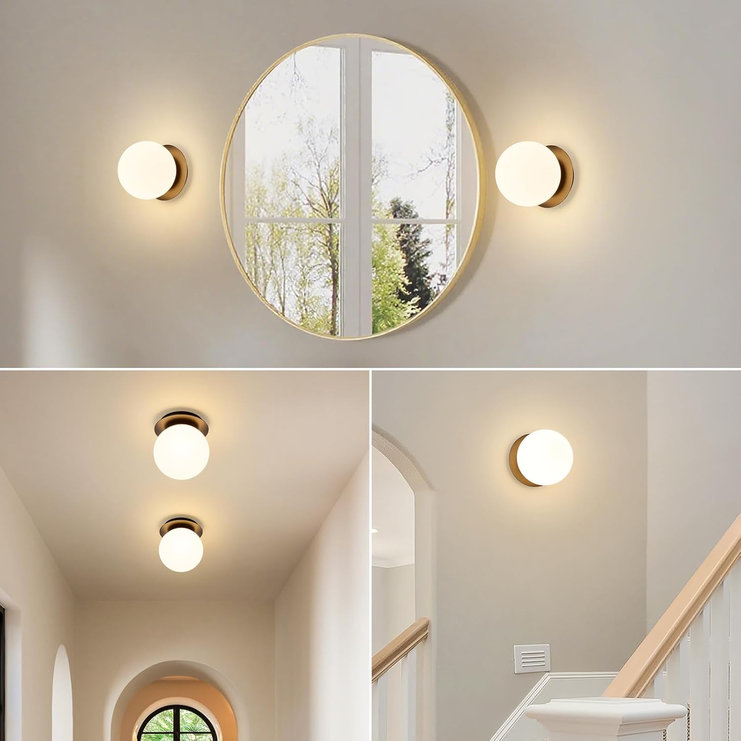 Modern Glass Globe Wall Sconce: Black Single Light with Milk Glass Shade - Minimalist Spherical Vanity Sconces Over Mirror - Contemporary Ball Wall Lights Fixtures for Entryway Bedside Bulb Excluded