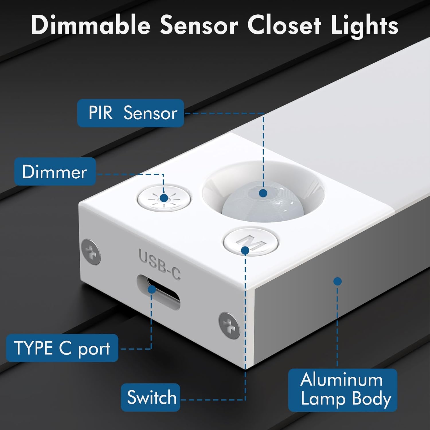 Under Cabinet Lighting 1800mAh Long Battery Life,2 Pack Dimmable Motion Sensor Light Indoor,USB C Rechargeable Under Cabinet Lights Wireless,Under Counter Lights for Kitchen Drawers, Wardrobe, Stair