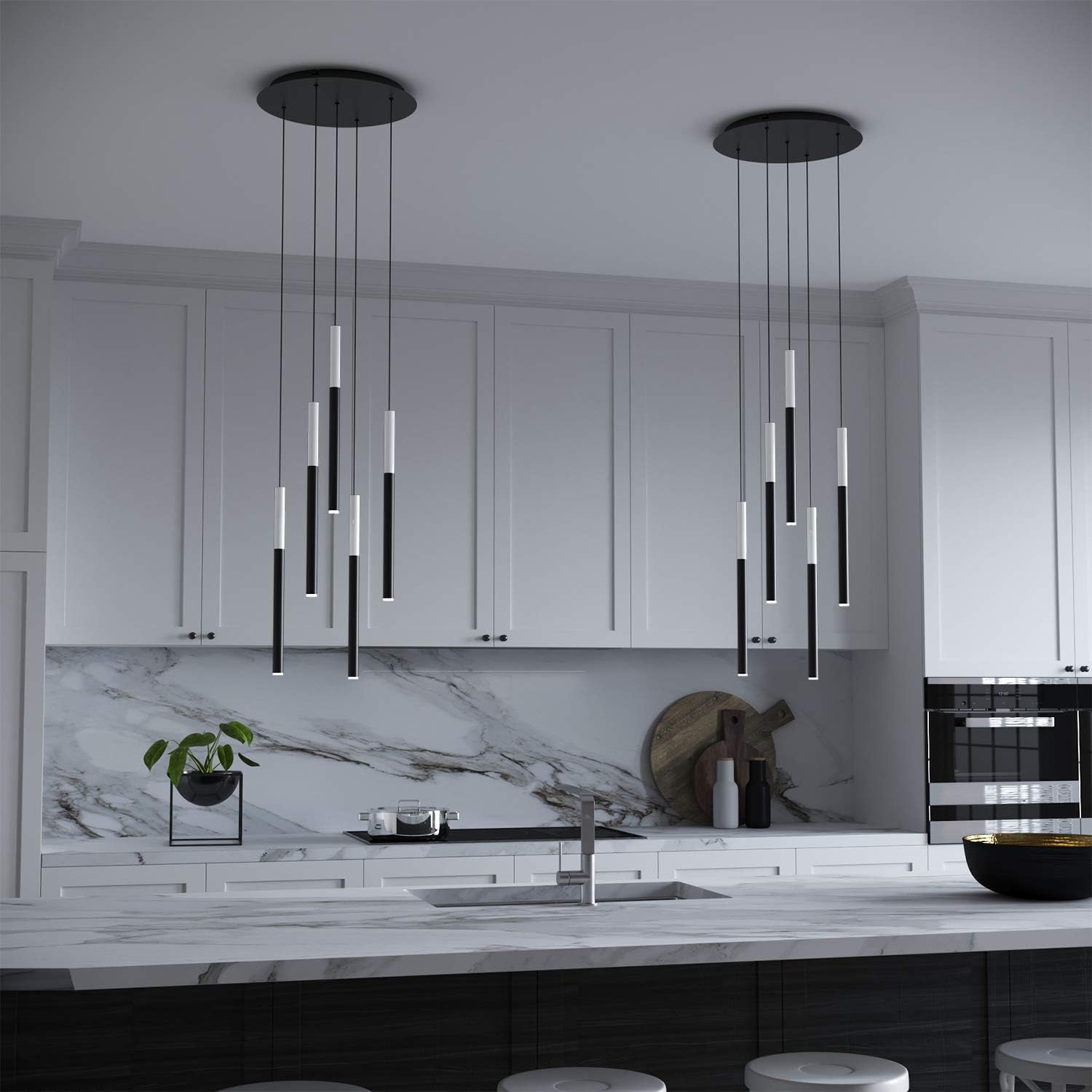 ALTAIR 5 Mini Pendant Lighting White-Black - LED Hanging Light Fixture for Kitchen Island, Bar, Foyer - Cluster Pendants - Dimmable, Adjustable Wire, Lamp Bulb Included