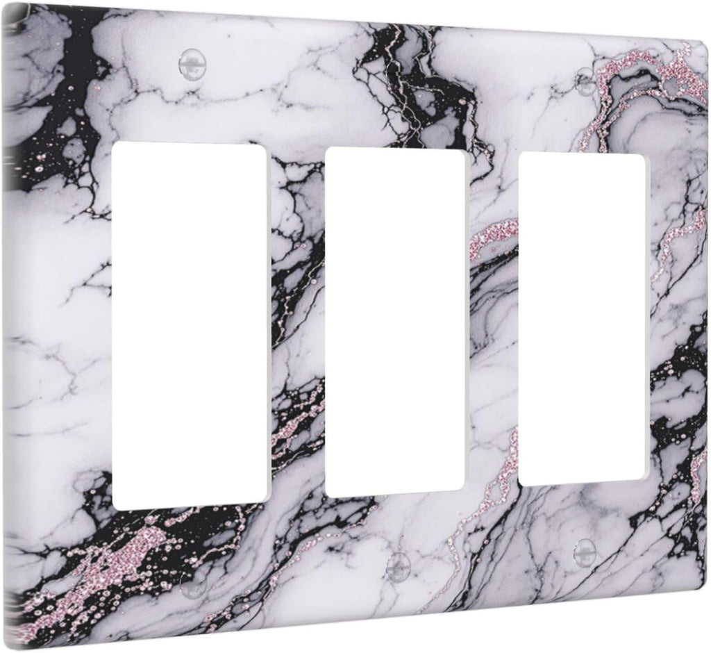 Light Switch Covers White Marble Pattern Black Lines Pink Lines 3 Gang Rocker Electrical GFCI Decorative Triple Outlet Wall Plate Cover Switchplate for living Room Office Decor