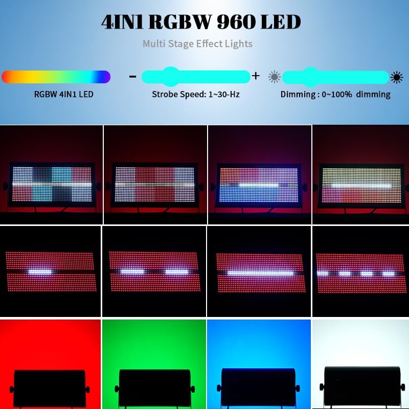 MINGJIE 500W LED Stage Strobe Wash Light with 960 LEDs RGBW 12 Colors, DMX512/Sound Activated/Auto/Master-Slave Modes, Metal Housing for DJ Disco Party Wedding Church Bar Stage Lighting (1PC Light)
