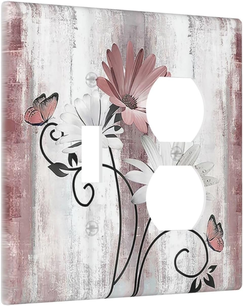 Wallplates Pink White Daisy Butterfly Wood Grain 1 Toggle 1 Duplex Switch Plate Electrical GFCI Faceplate Decorative Light Switch Covers for Farmhouse Bathroom Decor