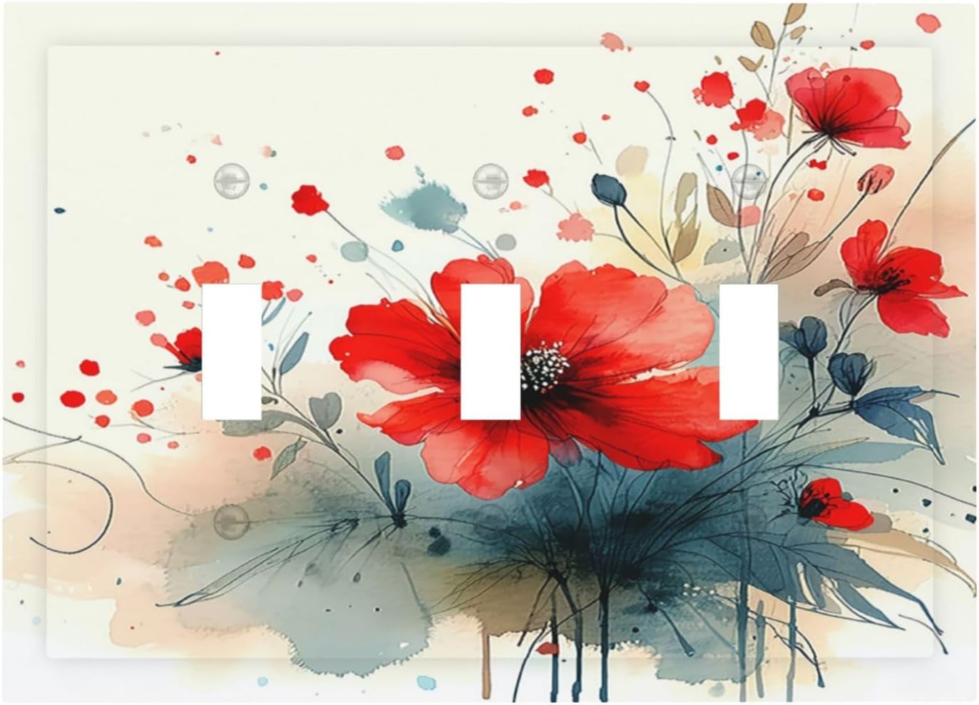 Vintage Floral Red Watercolor Modern Decorative Switch Plates 3 Gang Wall Plate Triple Toggle Light Switch Cover Electrical Wall Panels Faceplate for Bedroom Bathroom Decor