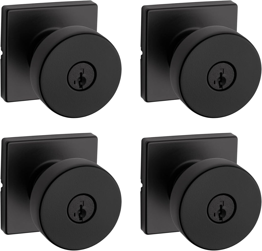 Kwikset Pismo Entry Door Knob with Lock and Key, Secure Keyed Handle Exterior, Front Entrance and Bedroom, Matte Black, 4 Pack, Pick Resistant SmartKey Rekey Security and Microban