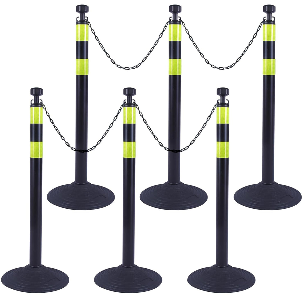 6 Pack 39 Inch Black Traffic Delineator Posts with 2 Green Reflective Stripes, Safety Posts Cones with 6.6 Feet Chains and 14 Inch Rubber Base for Road Safety,Parking Lot (Black)