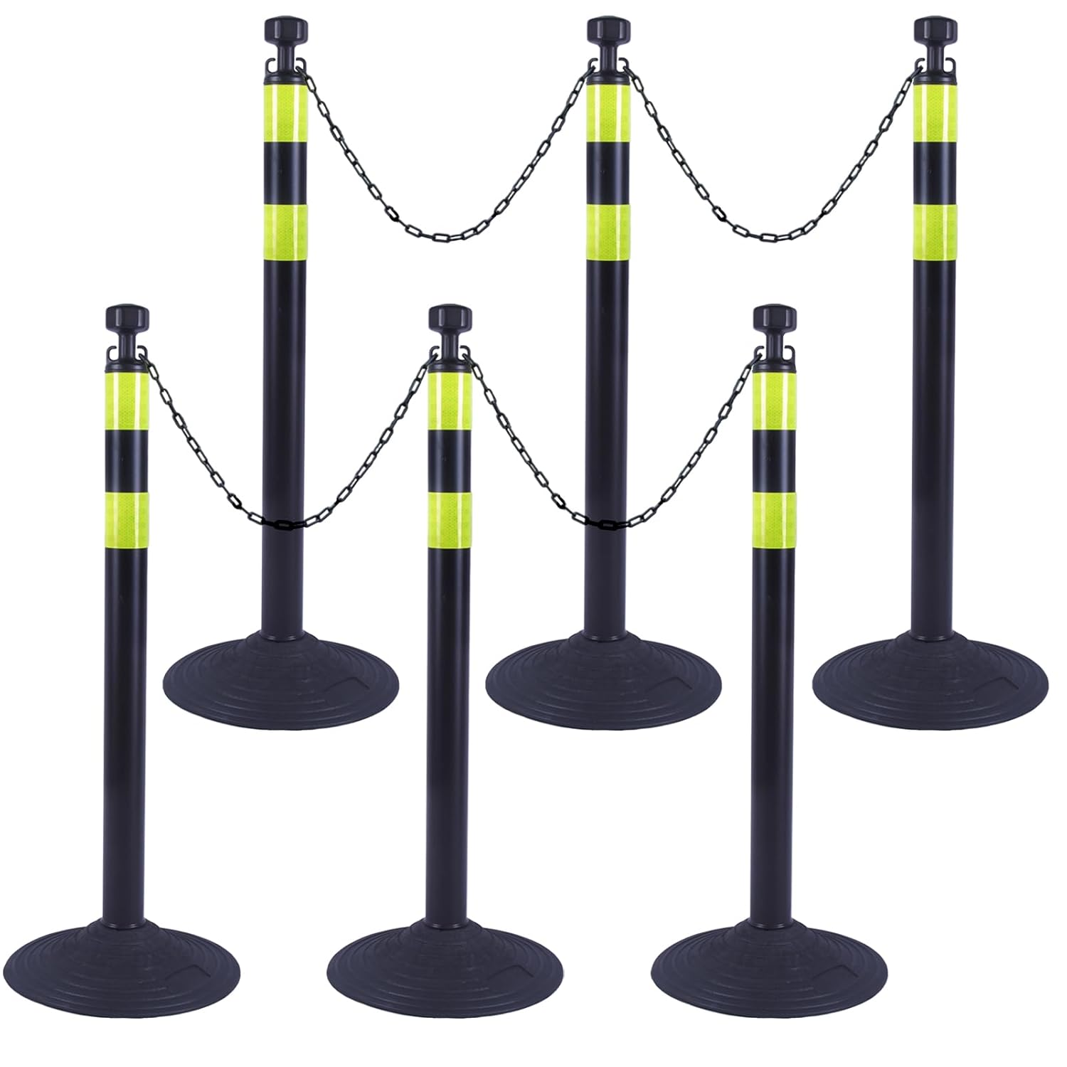 6 Pack 39 Inch Black Traffic Delineator Posts with 2 Green Reflective Stripes, Safety Posts Cones with 6.6 Feet Chains and 14 Inch Rubber Base for Road Safety,Parking Lot (Black)