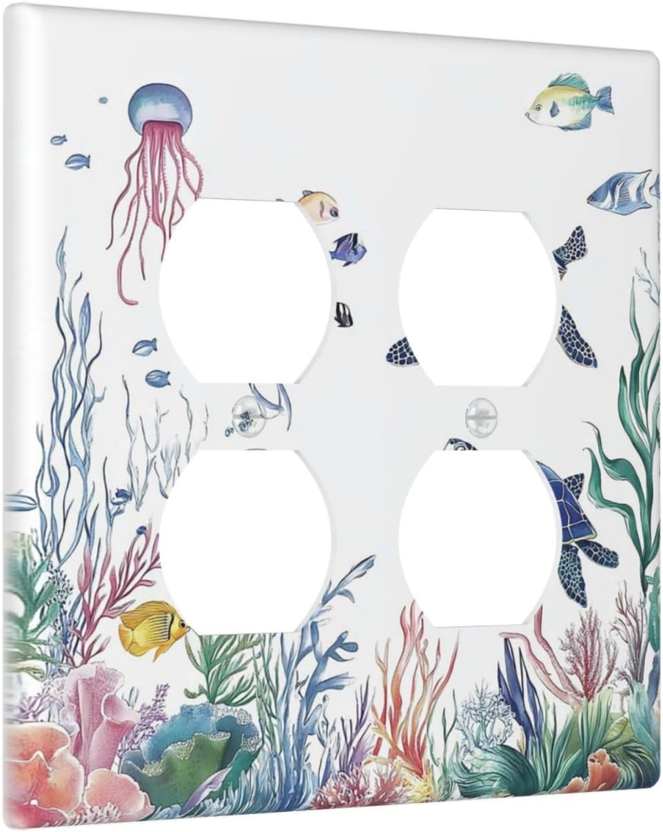 Blue Sea Turtle Ocean Fish Octopus Coral Outlet Covers 2 Gang Double Duplex Decorative Light Switch Covers Electrical Wallplates Socket Faceplate For Bathroom Kids Room Decor