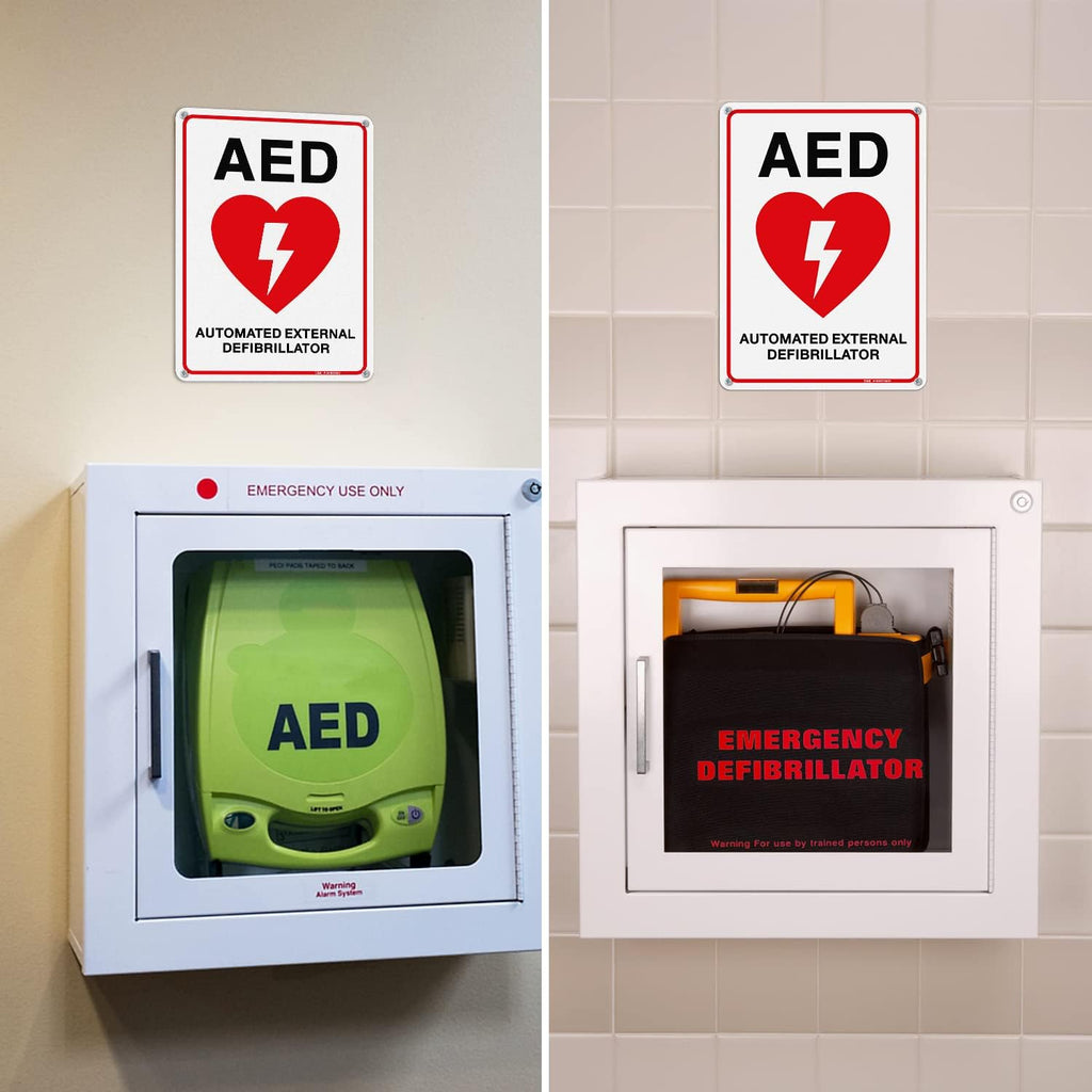 T&R AED Sign - 2 Pack - 10 x 7 Inches Rust Free .040 Aluminum -Reflective, UV Protected, Waterproof, Weatherproof and Fade Resistant - 4 Pre-drilled Holes