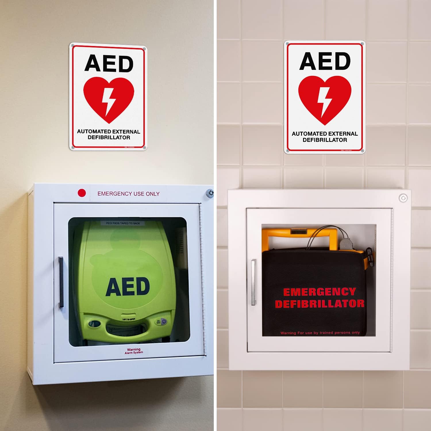 T&R AED Sign - 2 Pack - 10 x 7 Inches Rust Free .040 Aluminum -Reflective, UV Protected, Waterproof, Weatherproof and Fade Resistant - 4 Pre-drilled Holes