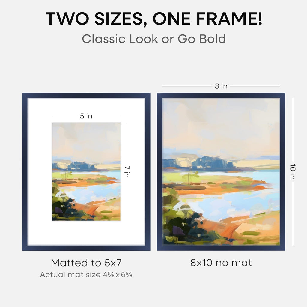 Homeforia 8x10 Picture Frame Navy Blue, High End Metal 8 x 10 Poster Frames with Mat 5 by 7 Print, 10x8 Thin Frame Matted to 7x5 Photo, 8by10 Wall or Tabletop Frame, Tempered Glass, Wall Kit, Set of 2
