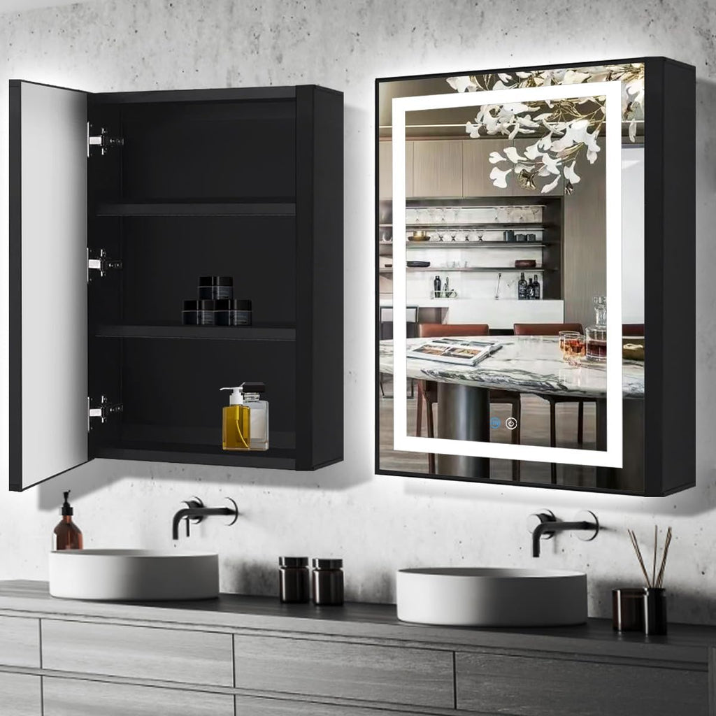 20 x 30 Inch Black Medicine Cabinet Mirror with Lights 3 Color Anti-Fog 30 Inch Bathroom Lighted Medicine Cabinet with Mirror and Light Led Medicine Cabinet Mirror with Storage for Bathroom