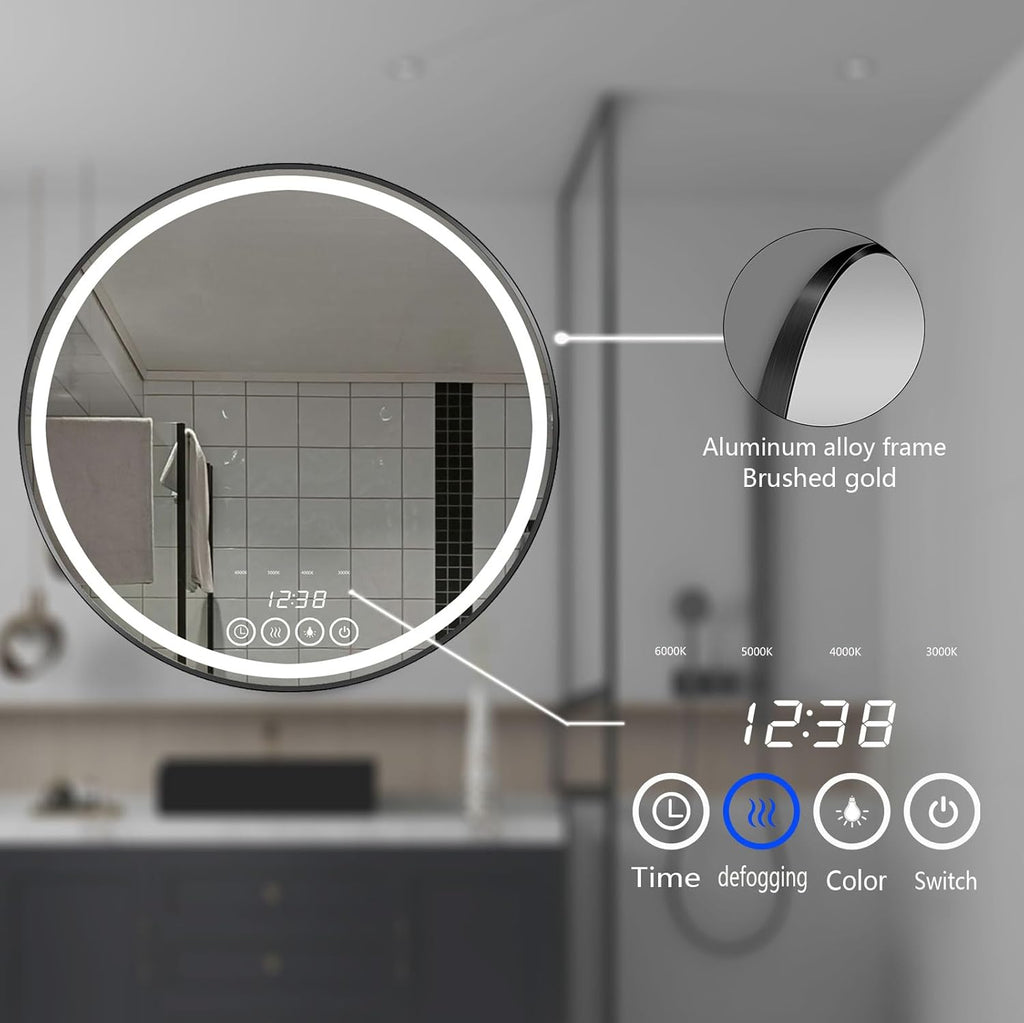 24 Inch Wall-Mounted Round Bathroom Mirror with LED-Lights - Frame Vanity Mirrors (24" x 24", Black)