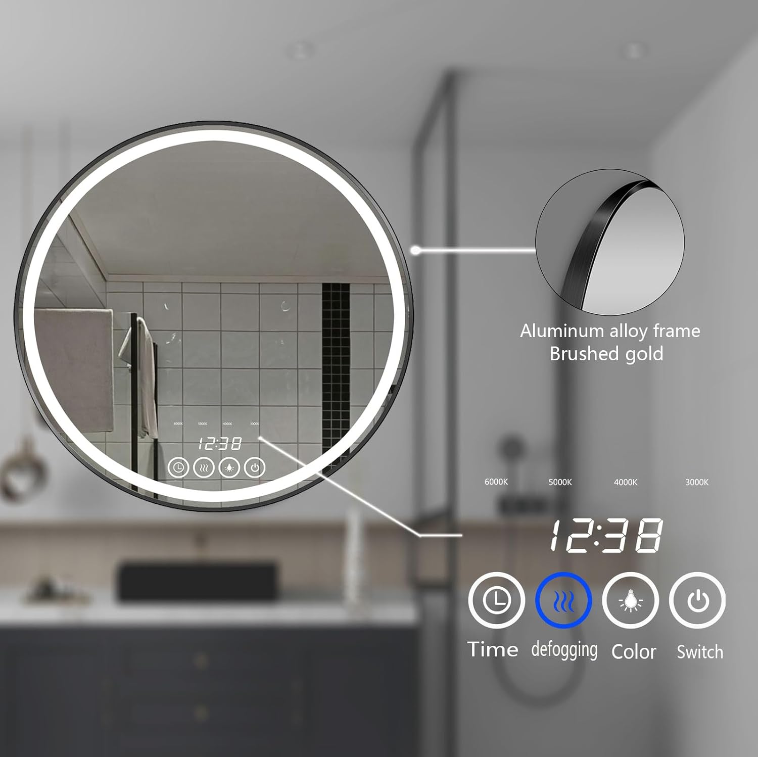 24 Inch Wall-Mounted Round Bathroom Mirror with LED-Lights - Frame Vanity Mirrors (24" x 24", Black)