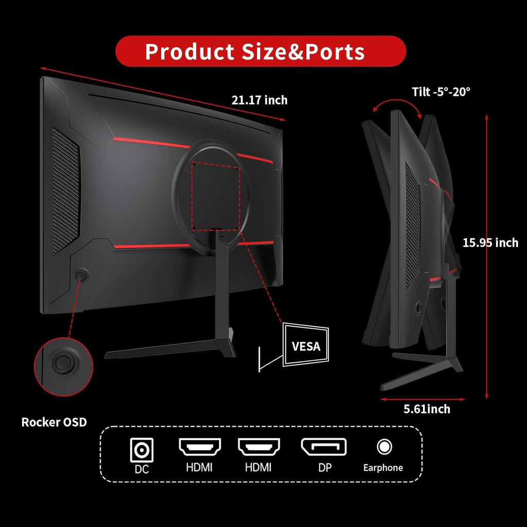 KTC 24 Inch 1500R Curved Gaming Monitor,180Hz 1ms FHD 1080p VA Monitor, Adaptive Sync, 110% sRGB, HDR Support, DisPlayPort/HDMI,Tilt, VESA for Gaming Home Office Business PS5 PC Monitors
