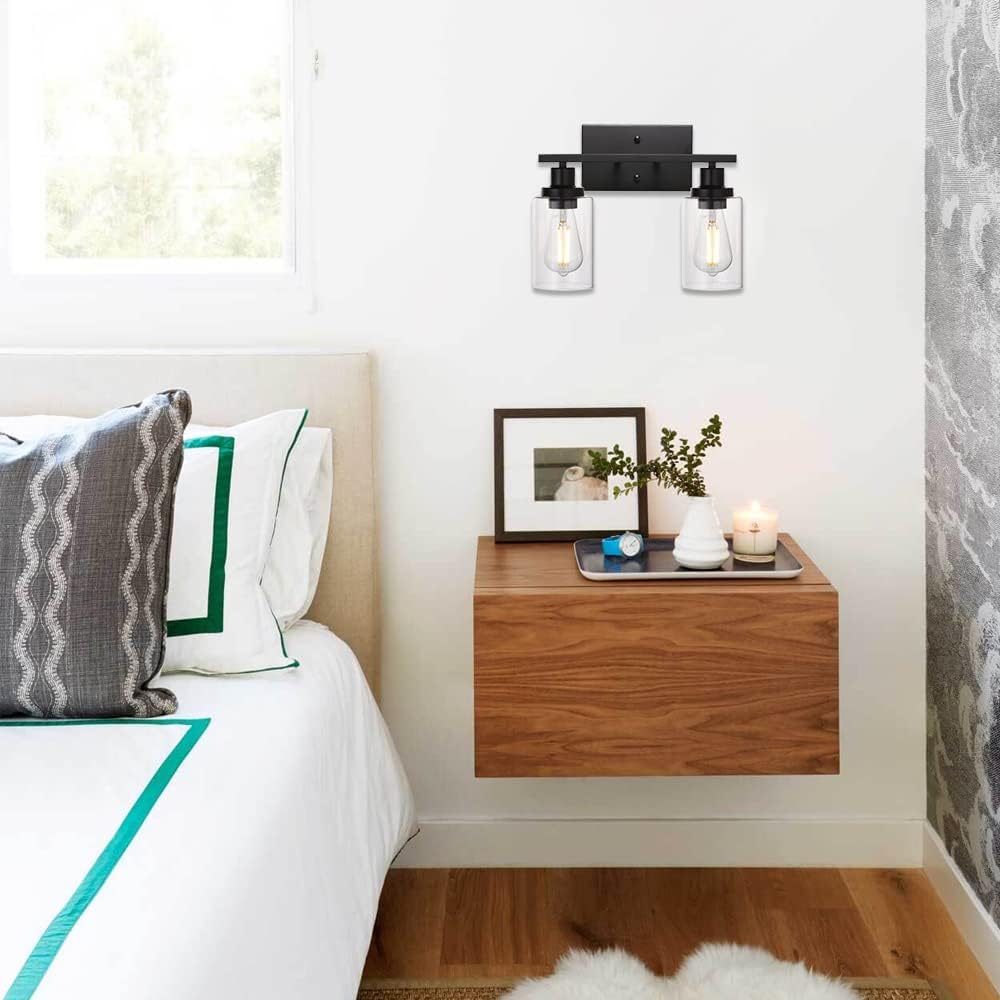 MELUCEE 2-Light Black Wall Sconce Industrial Vintage with Clear Glass Shade and Metal Base, Bathroom Vanity Lights Hallway Light Fixture Sconces Wall Lighting (Patent No.: US D963914 S)