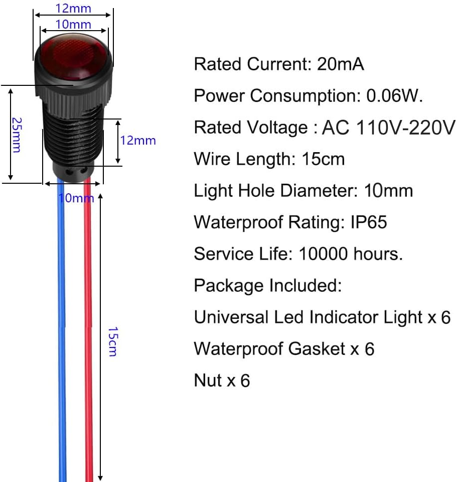 6pcs Red LED Indicator Pilot Light 110VAC Mounting Hole Size 10mm(Flame Retardant Plastic Shell)