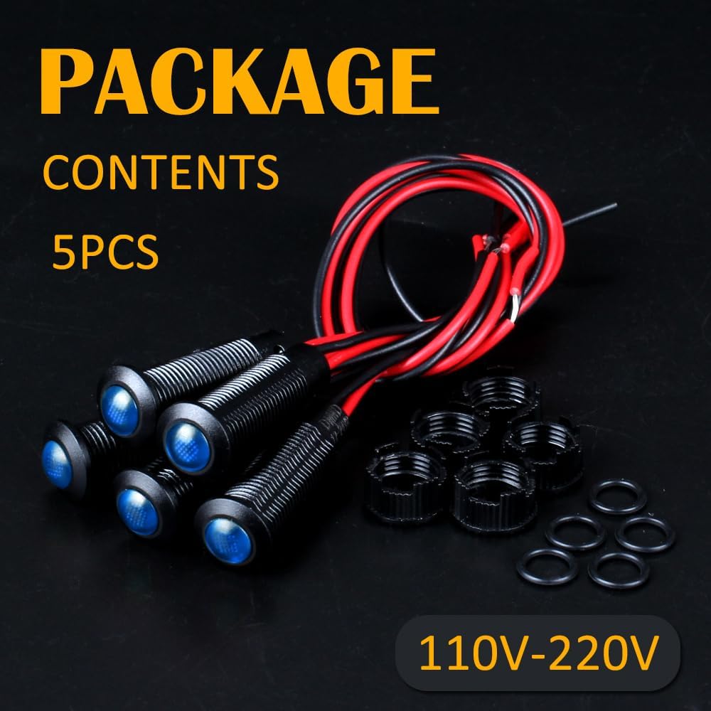 5pcs 8mm LED Indicator Light Plastic Black Signal Dot Lamp 110-220V AC 5/16" Mounting Hole Size with 15cm/5.9in. Wire (Blue LED)