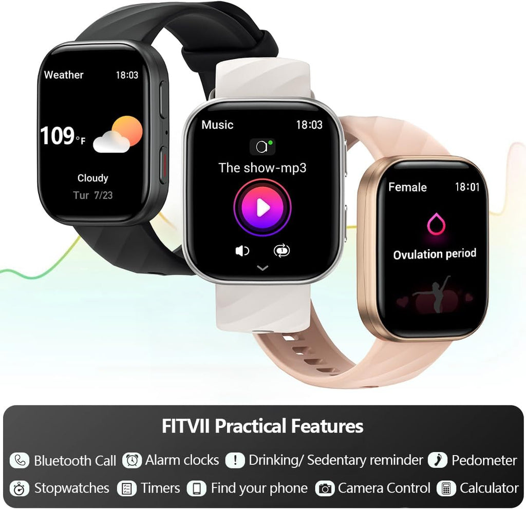 FITVII Health & Fitness Tracker (Answer/Make Calls), Smart Watch with 24/7 Heart Rate and Blood Pressure, Sleep Tracking, Blood Oxygen Monitor, 120+ Sport Mode Activity Tracker for Women Men
