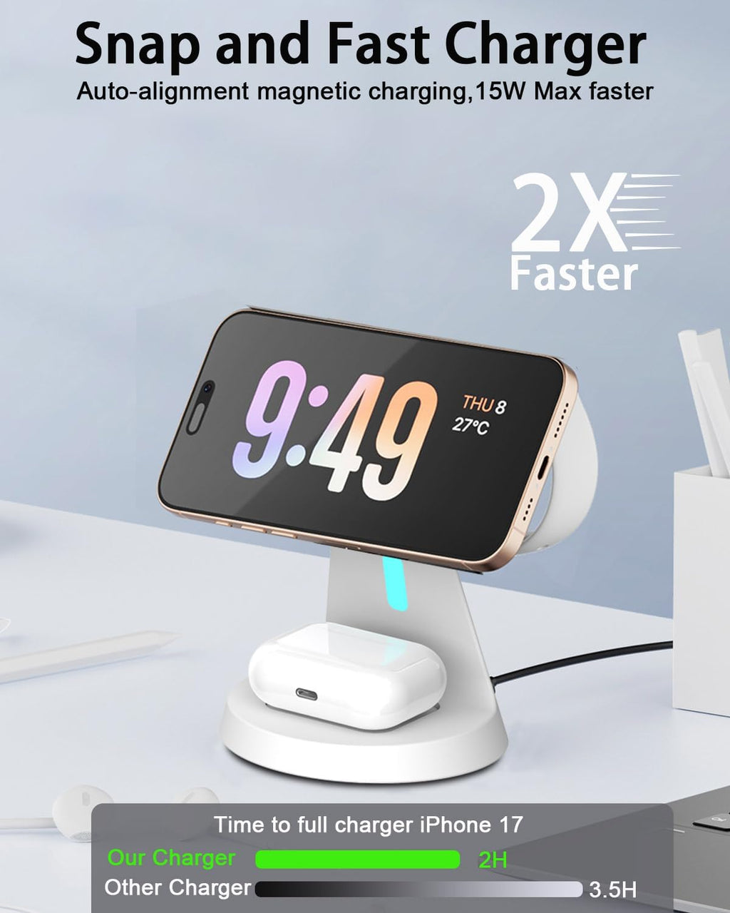 3 in 1 Wireless Charging Station for Apple Magsafe Charger Stand,Fast Magnetic Wireless Charger Station for iPhone 17 Air 16 15 14 13 12 Series,Apple Watch,Airpods