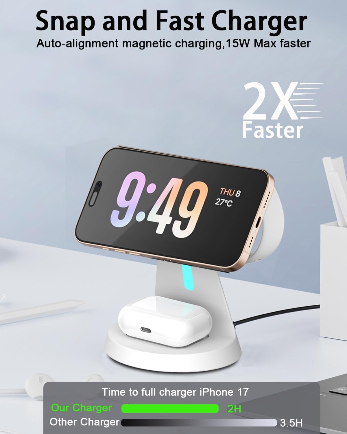 3 in 1 Wireless Charging Station for Apple Magsafe Charger Stand,Fast Magnetic Wireless Charger Station for iPhone 17 Air 16 15 14 13 12 Series,Apple Watch,Airpods