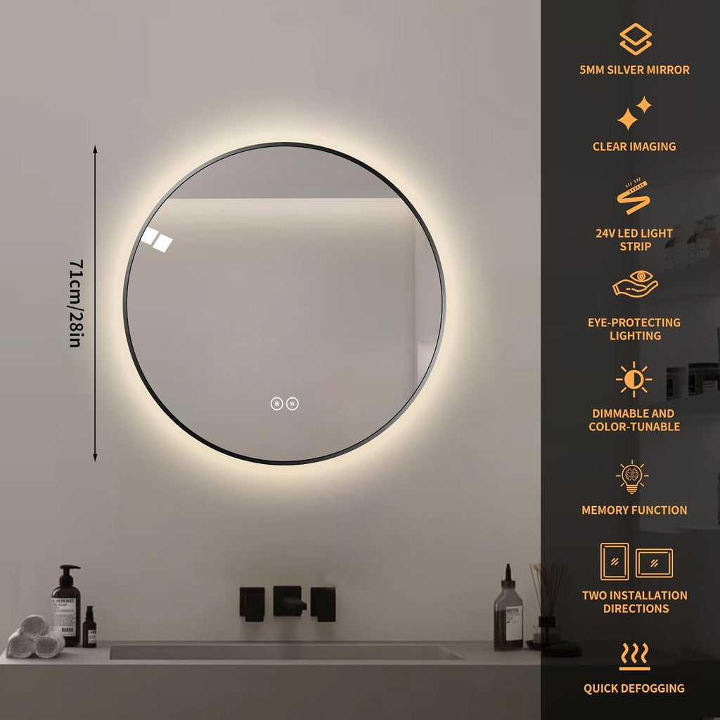 Round LED Bathroom Mirror with Gold Frame, 24V Backlight, 3 Color Temperatures, Dimmable, Memory Function, Defogging (Black Border, 28" L x 28" W)