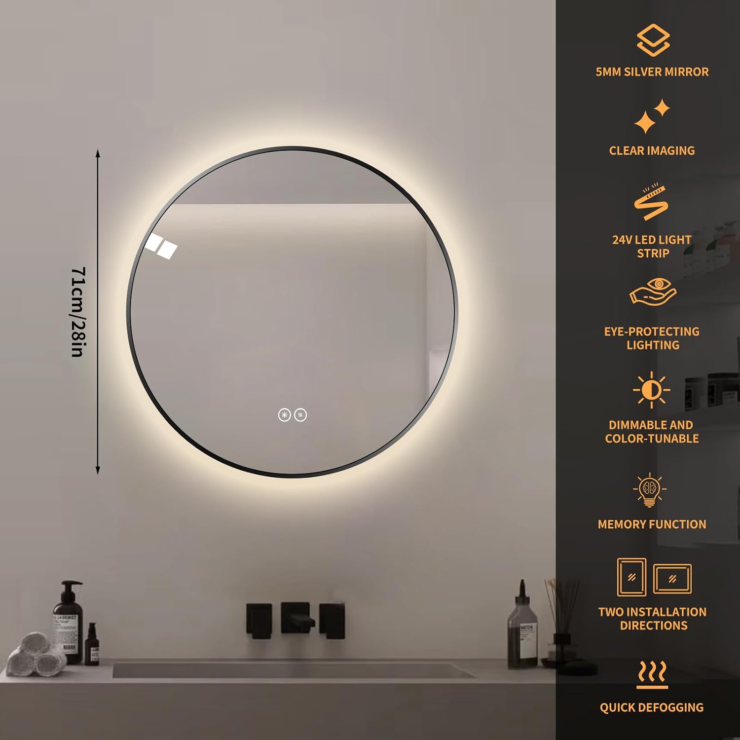 Round LED Bathroom Mirror with Gold Frame, 24V Backlight, 3 Color Temperatures, Dimmable, Memory Function, Defogging (Black Border, 28" L x 28" W)