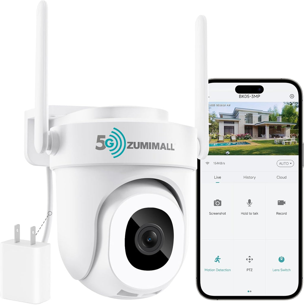 ZUMIMALL 3MP Security Camera Outdoor - 360° PTZ Auto Tracking | 24/7 Recording Wired Power, 2.4G/5G Wireless WiFi | Motion & Noise Detection, Color Night Vision, 2-Way Audio | Compatible with Alexa