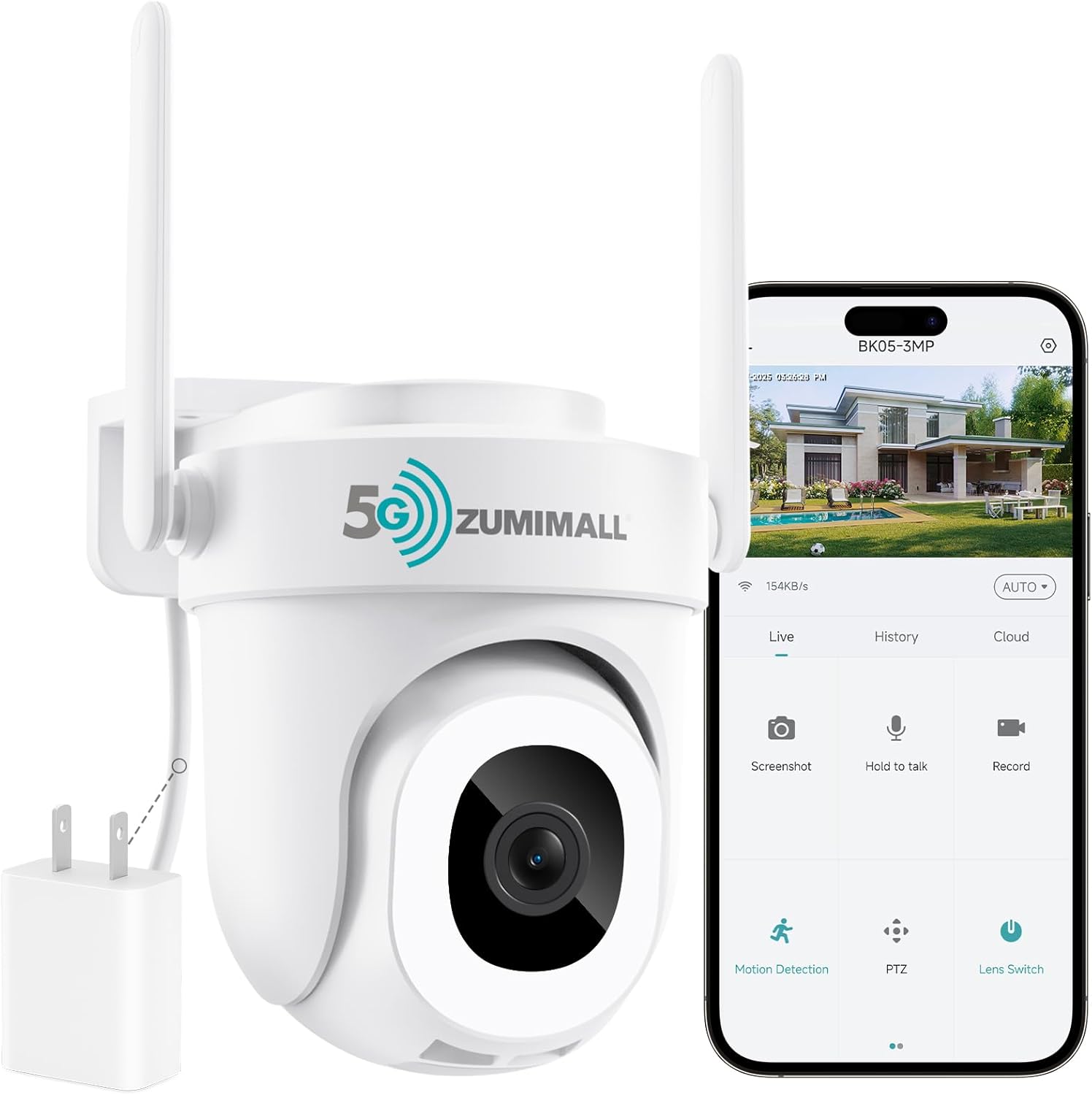 ZUMIMALL 3MP Security Camera Outdoor - 360° PTZ Auto Tracking | 24/7 Recording Wired Power, 2.4G/5G Wireless WiFi | Motion & Noise Detection, Color Night Vision, 2-Way Audio | Compatible with Alexa