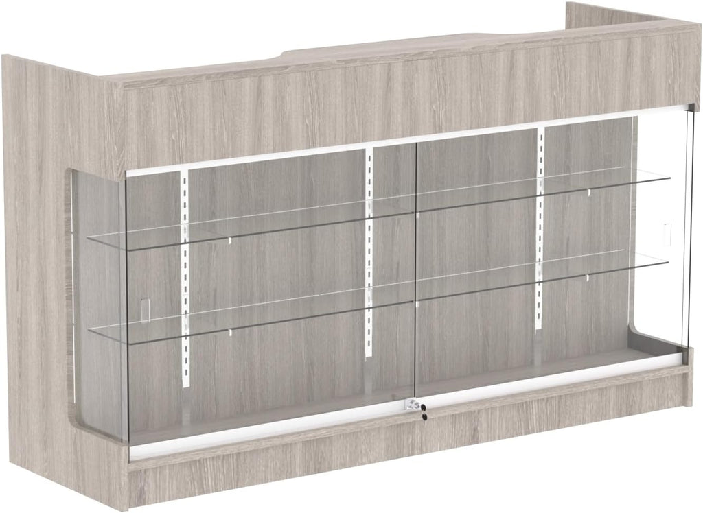 Ledgetop Checkout Counter with Glass Showcase View Front, Black Wooden Cash Register Stand with Showcase,Retail Glass Display Cabinet Counter (Gray Wood Grain, 72 in)