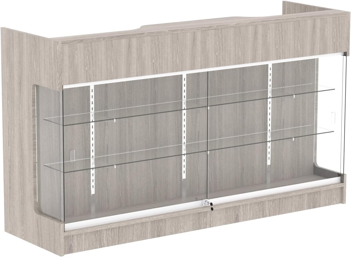 Ledgetop Checkout Counter with Glass Showcase View Front, Black Wooden Cash Register Stand with Showcase,Retail Glass Display Cabinet Counter (Gray Wood Grain, 72 in)